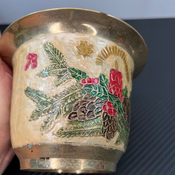 Vintage Brass Cloisonne Painted Christmas Bowl Wreath Candle Holly - Picture 9 of 11